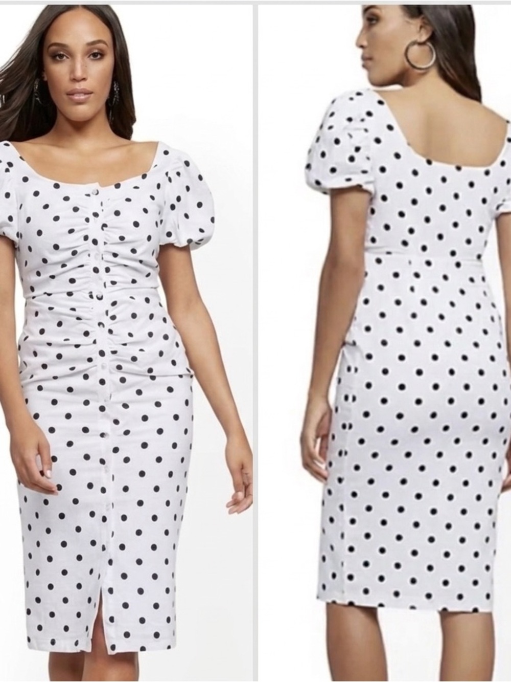 NY&CO Linen Polka Dot Dress Large Black White Retro Rockabilly Pinup Wiggle EUC